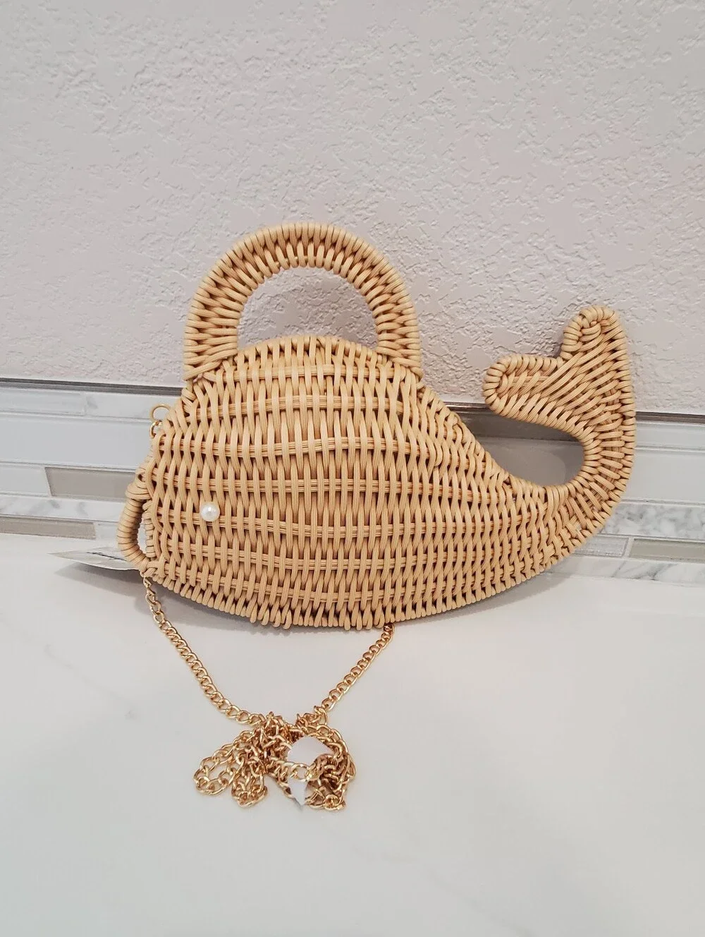 Tommy Bahama Wicker Whale Purse, Chain Strap, in Natural Color, Pearl Eyes - Picture 3 of 7